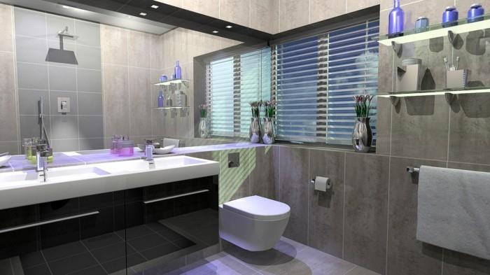 meubles de salle de bain modernes, carreaux de salle de bain, surface de miroir, sous les armoires