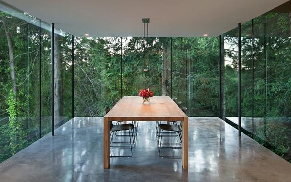 meubles de salle à manger modernes table en bois chaises murs de verre minimaliste