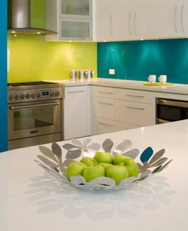murs arrière de cuisine à haute brillance de couleurs modernes en bleu et jaune-vert