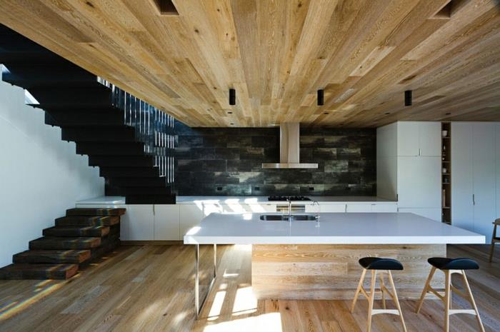 nowoczesne wnętrze wykonane z drewnianej podłogi drewnianej sufitowa wyspa kuchenna