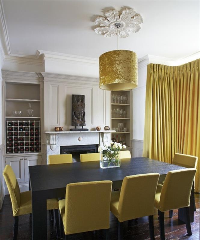 chaises modernes salle a manger chaises jaunes table a manger marron foncé rideaux jaunes