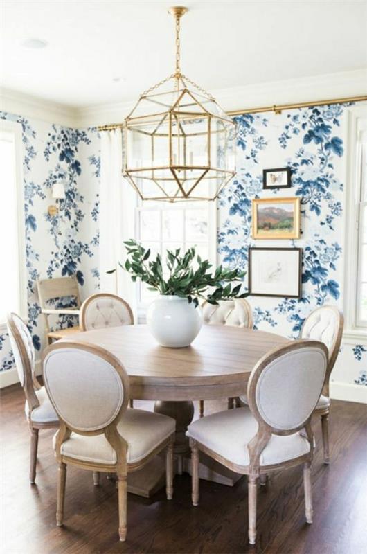 papier peint moderne salle à manger avec motif floral en bleu