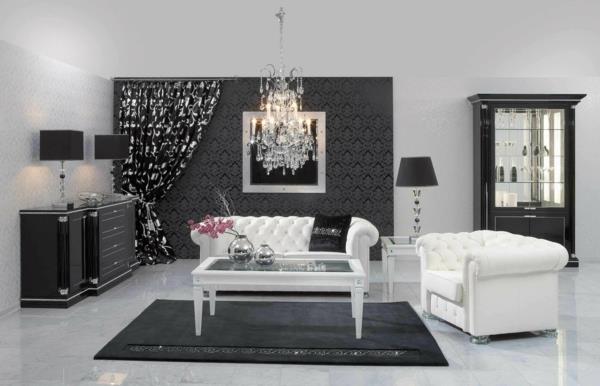 papier peint moderne salon canapés blancs tapis noir