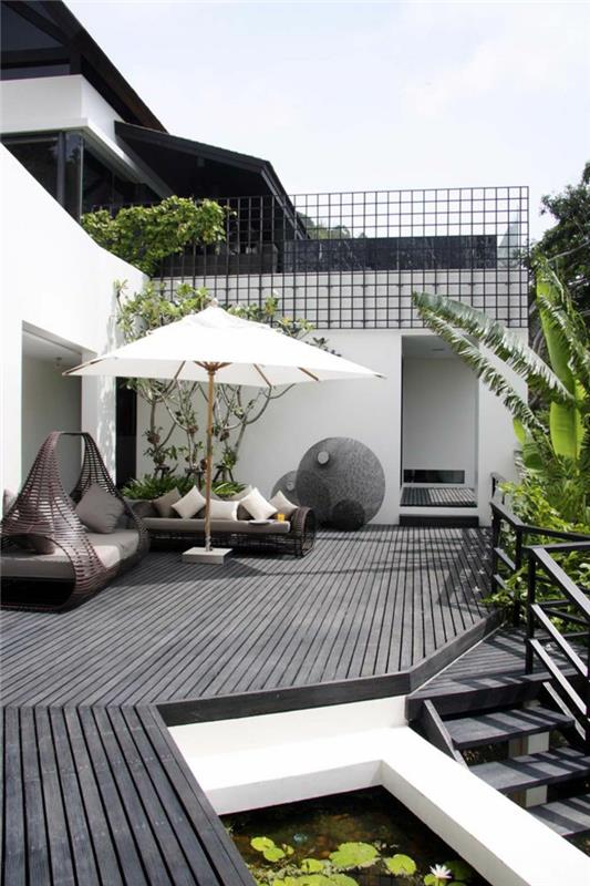 nowoczesny design tarasu eleganckie, niezwykłe meble ogrodowe, parasol
