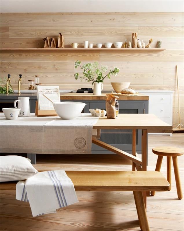 nowoczesna ściana z jasnego drewna duża kuchnia