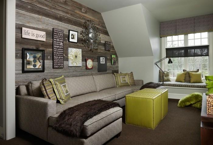 nowoczesny design ścienny salon drewniana ściana zielony stolik kawowy