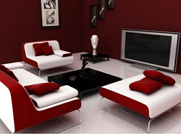 nowoczesny salon paleta kolorów ścian bordowy czerwony biały