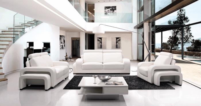 Meubles de salon modernes tapis gris foncé blanc couleur des murs blancs
