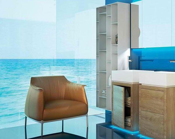 meubles de salle de bain modernes fauteuil rembourré murs de verre vue mer design moma