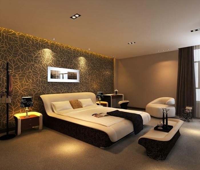 Chambre à coucher moderne éclairage indirect moquette rideaux opaques