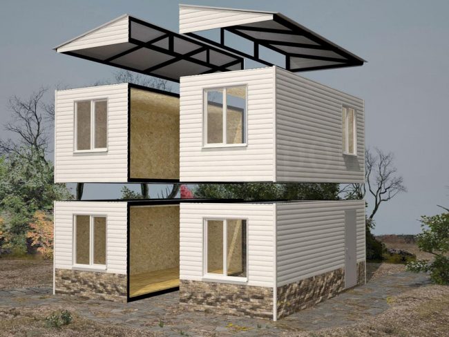 Dvoupodlažní tradiční dům se sedlovou střechou. Je sestaven ze čtyř blokových kontejnerů standardních velikostí (délka, výška, šířka, m): 3 x 3 x 2,8; 6 x 2,5 x 2,6; 6 x 3 x 2,8; 8 x 2,8 x 2,8; 9 x 3 x 2,8; 12 x 3 x 2,8