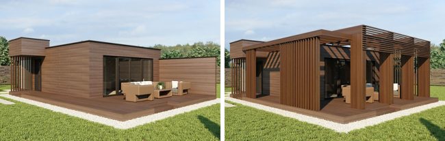Exteriérové ​​a funkční možnosti sady pro stejný modulární dům: terasa s postranicemi, moderní pergola. Jsou možné i další individuální možnosti