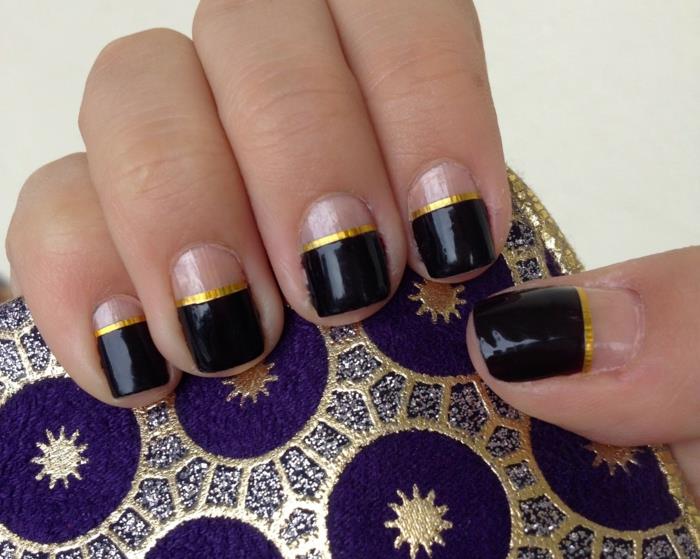 pomysły na lakier do paznokci french manicure trendy paznokci czarne złote paski
