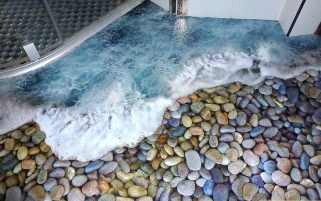 Саморазливен под с изображение на морска вълна върху цветни камъчета