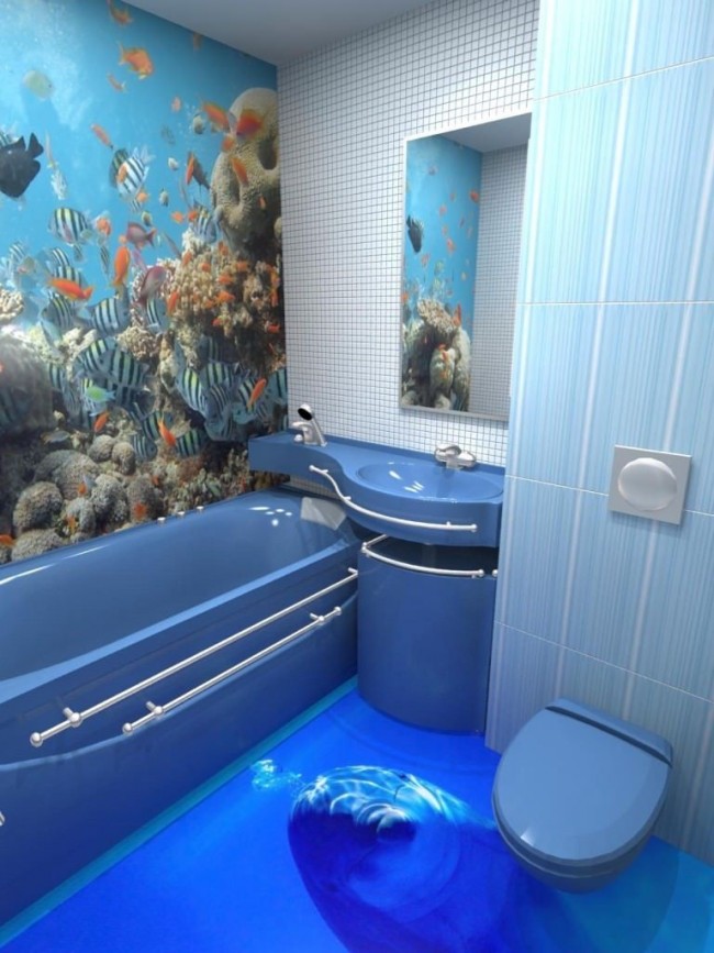 3D саморазливен под в банята с изображение на делфин на фона на морската бездна
