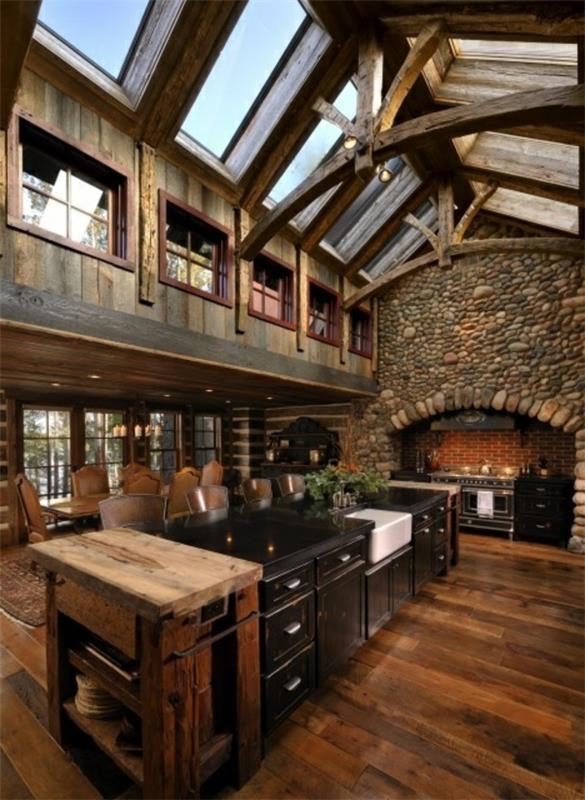 Mur en pierre naturelle cuisine design meubles rustiques en bois massif