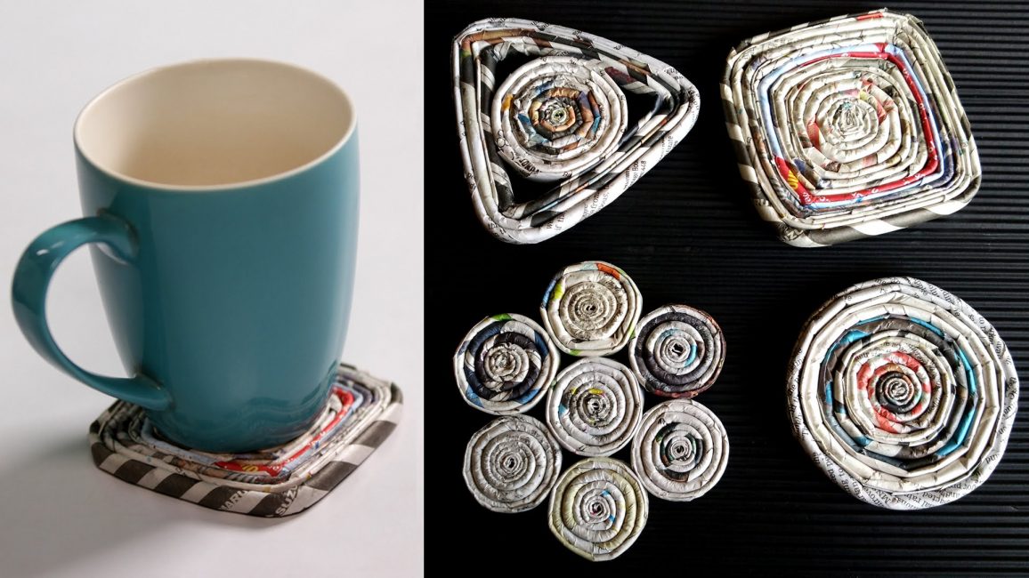 Tácky na hrnky jsou vyráběny technikou quilling z novinových trubiček