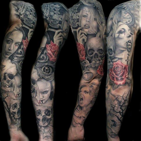 tatuaż na ramieniu kwiaty plemienne czerwona róża