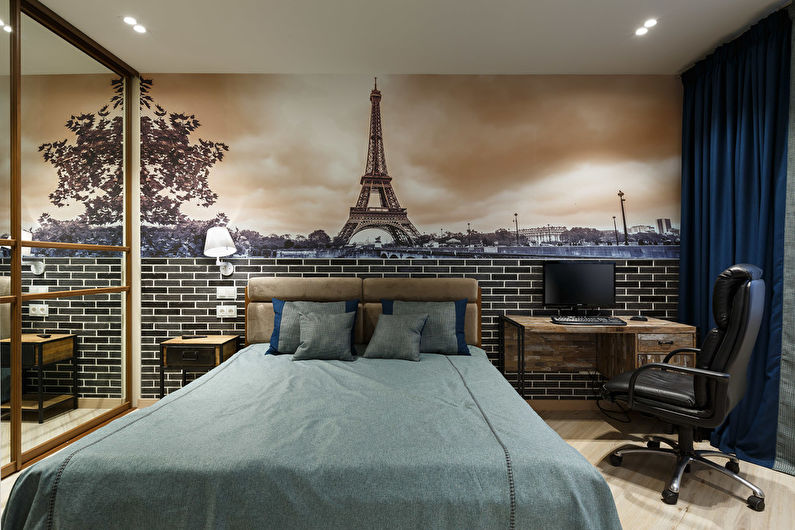 Tapete unter einem Ziegelstein im Inneren des Schlafzimmers - Fotodesign