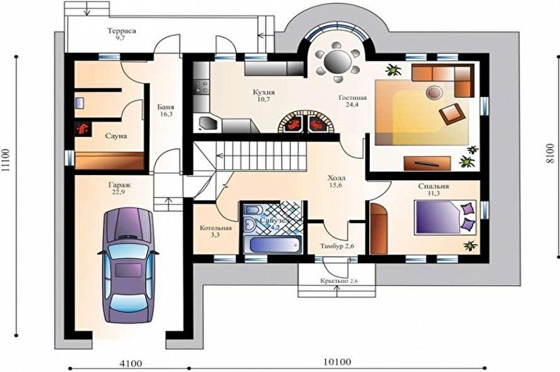 Moderní projekty jednopodlažních domů s garáží-Jednopatrový dům s garáží a saunou