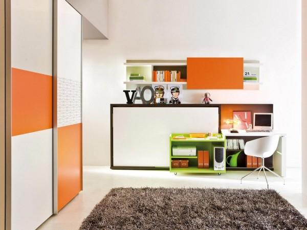 pomarańczowy biały kolory szafa wnękowa dywan pokój dziecięcy