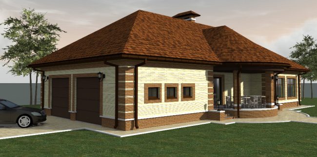 Vizualizace projektu domu s garáží a saunou na protilehlých stranách