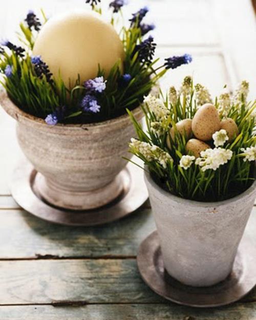 Dekoracje wielkanocne doniczki gliniane wiosenne kwiaty jajka