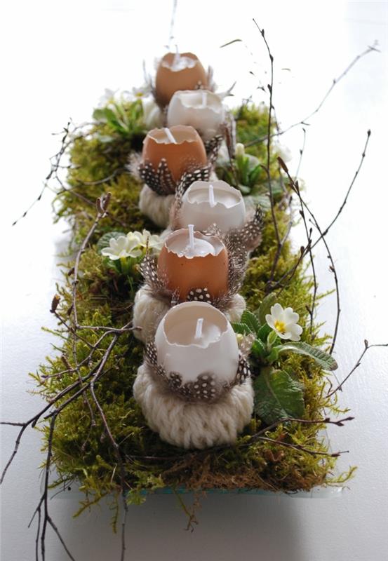 Décorations de Pâques idées bricoler décorations de table mousse coquilles d'oeufs lanternes faites vous-même de la laine de plumes