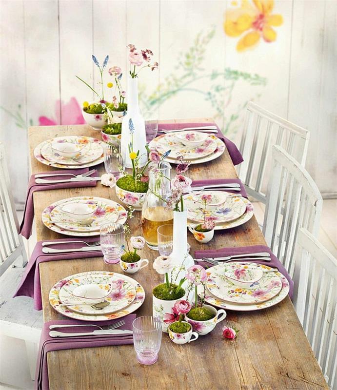 Décorations de Pâques idées bricoler décorations de table puristes vintage coquelicots ornementaux mousse porcelaine tasses assiettes