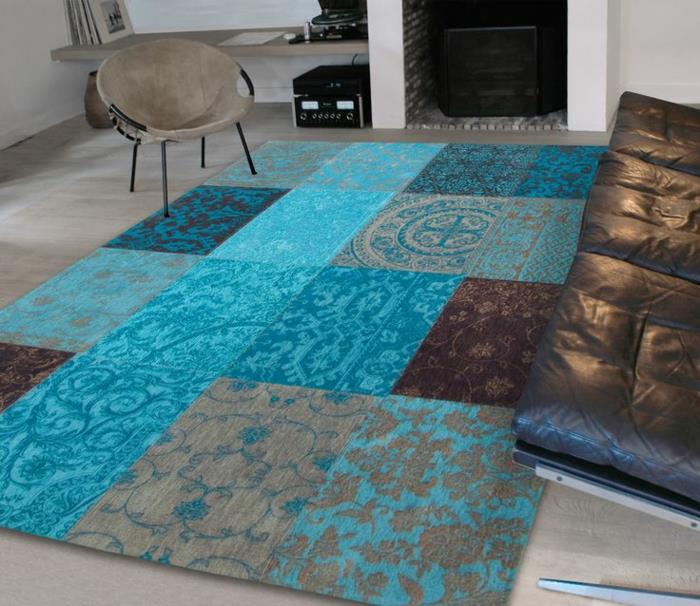 patchwork tapis salon plancher bleu floral motif