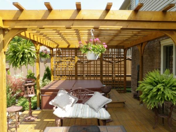 toiture terrasse pergola couvrant fougères géraniums