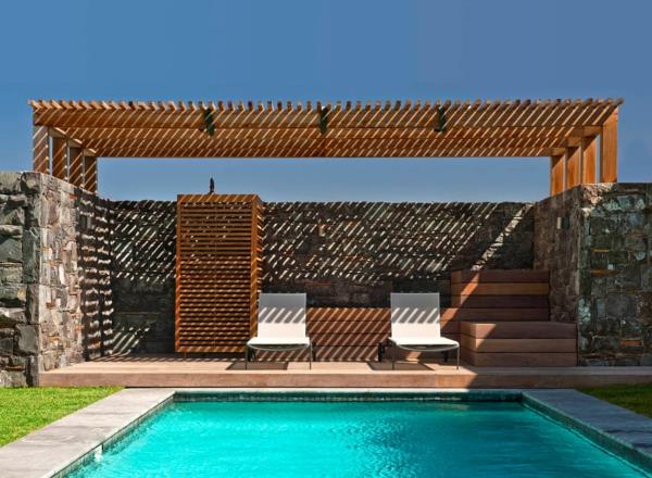 pergola toit terrasse toiture pierre naturelle teck