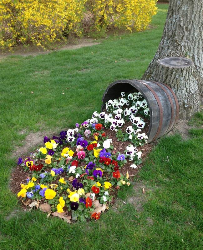 planteur vieux bois conteneur eau baril coloré pensées