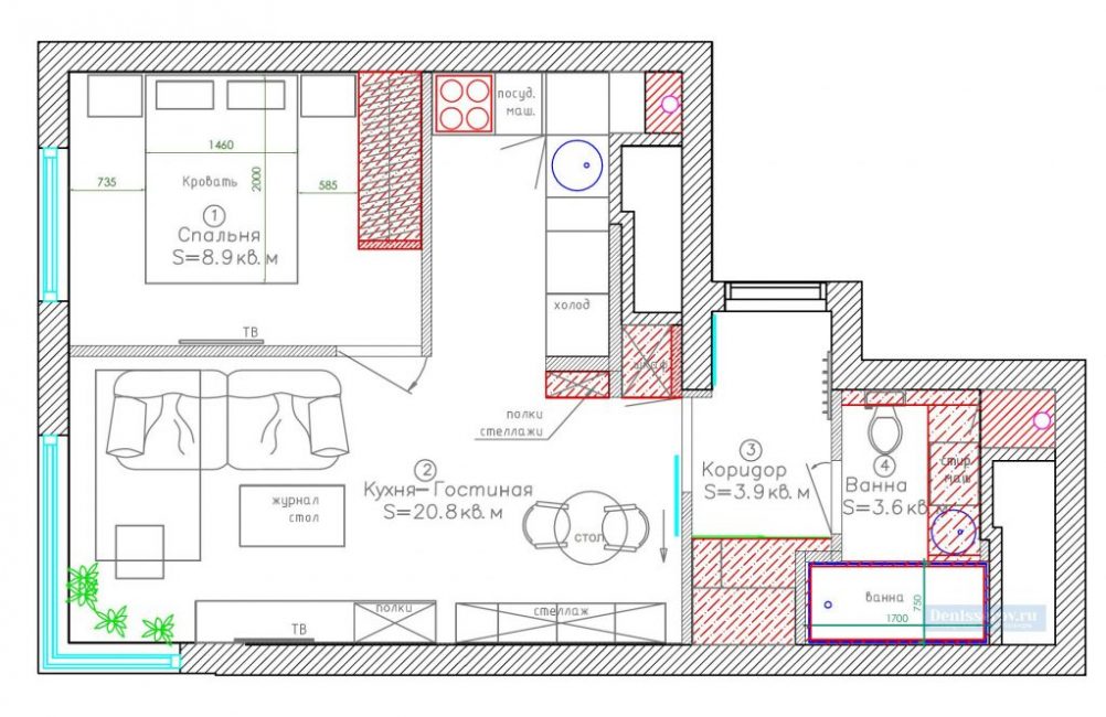 مخطط تخطيط شقة من غرفة واحدة