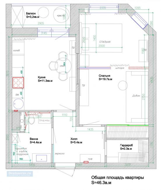 مخطط تخطيط شقة من غرفة واحدة