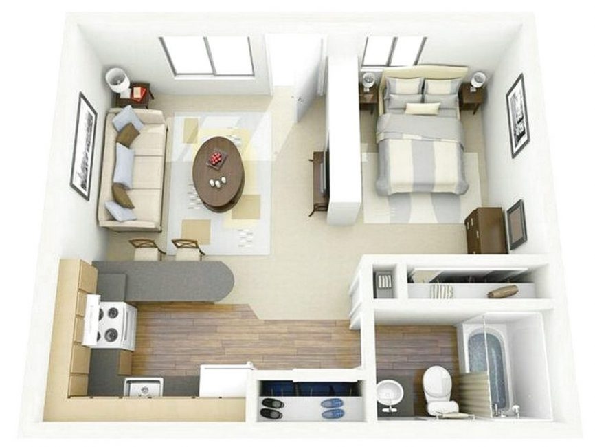 تخطيط افتراضي لشقة من غرفة واحدة