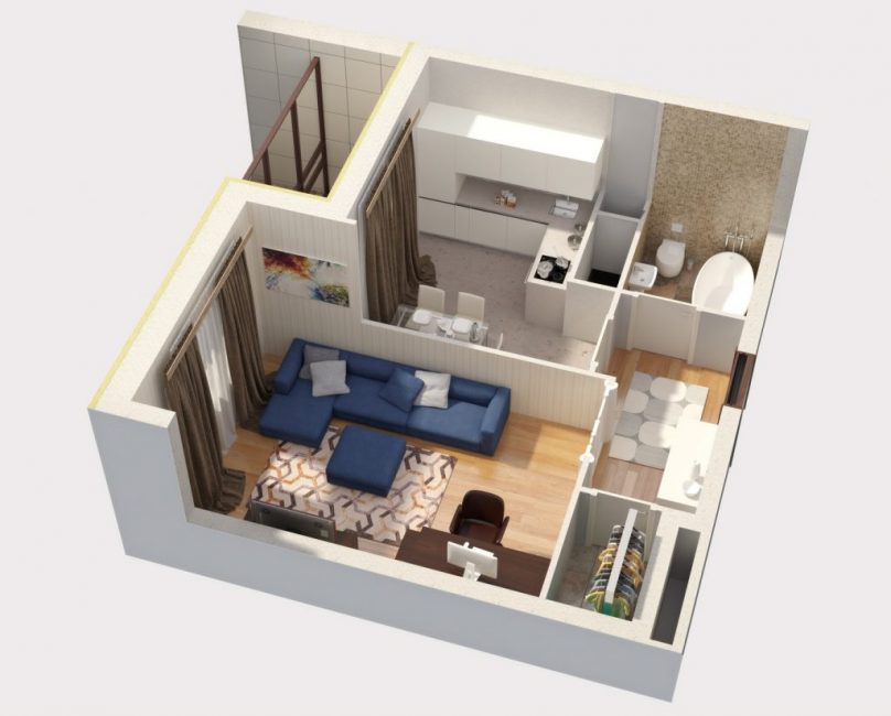 تخطيط افتراضي لشقة من غرفة واحدة