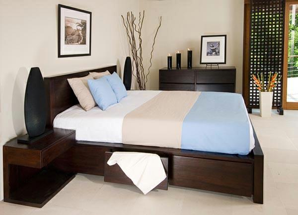 łóżka platformowe z przegródkami wyposażonymi w nowoczesne meble