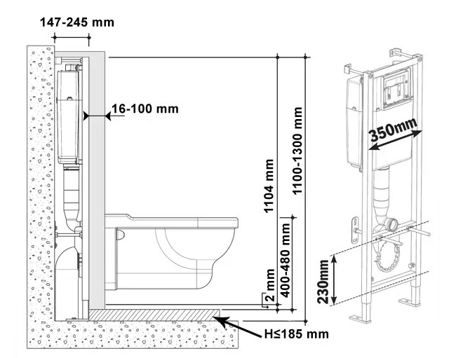 Foto des Installationsschemas einer hängenden Toilettenschüssel mit Mikrolift-Sitz
