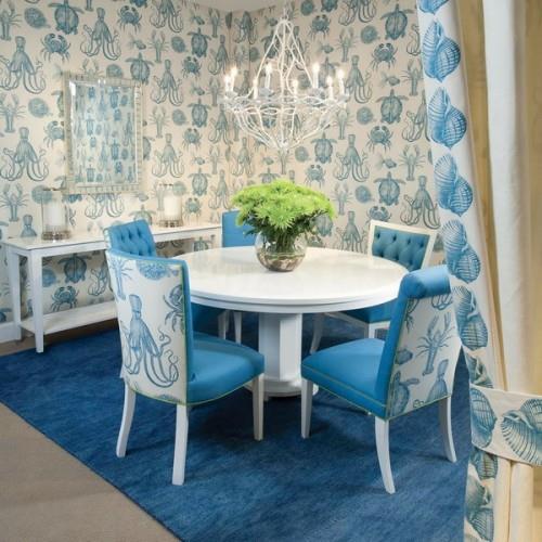 krzesła tapicerowane-biało-niebiesko-morski wzór