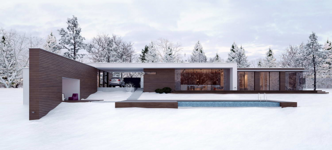 Проектът на стилна едноетажна къща с три спални в стила на минимализма