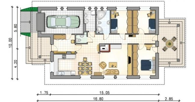Схематичен чертеж на едноетажна къща с гараж и три спални