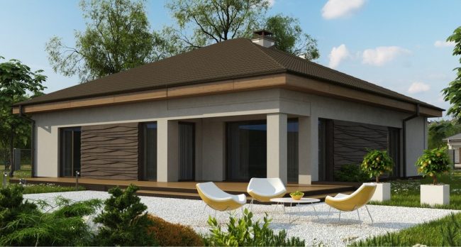 Едноетажна къща с гараж на парцел 17,6 × 14м. Визуализация от проекта: заден двор и тераса