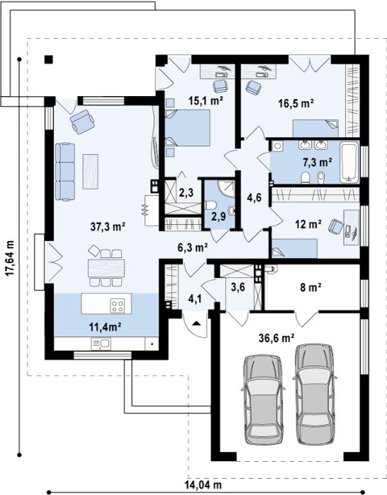 Schematický pohled do všech prostor jednopatrového domu o rozloze 165 m2 s garáží pro dvě auta (3D vizualizace exteriéru a interiéru - viz výše)