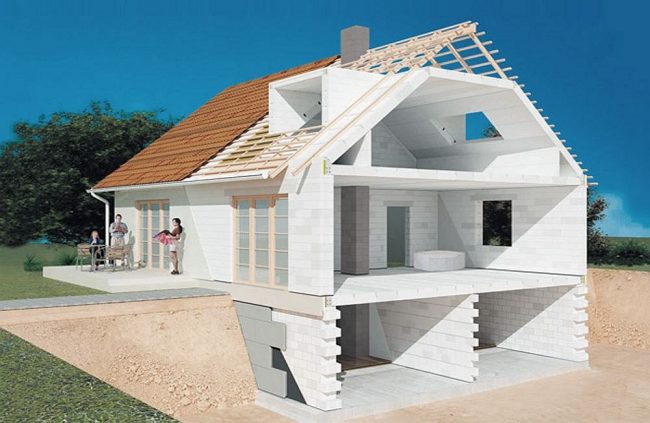 3D визуализация на къща от пенобетон с таванско помещение под двускатен покрив и гараж в мазето. Можете да облицовате и украсите фасадите на такава къща с всякакъв лек материал - сайдинг, дъска и т.н.