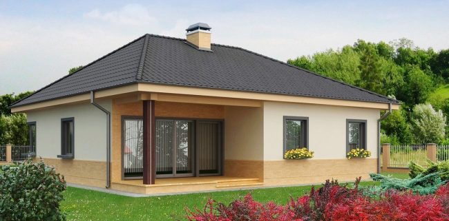Проекти на къщи от пеноблокове с гараж: компактна къща, подходяща за градско единично и ниско строителство. Според стандартния проект площта на тази къща е ≈111 кв. м