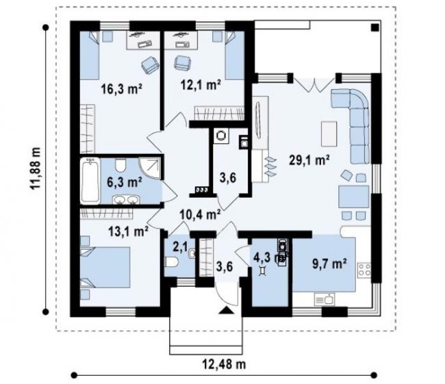 Основното оформление на първия етаж в типичен проект на къща с площ от 110,6 кв. м. Основа - лента, монолитна сглобяема