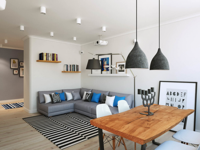 Wohnzimmer im skandinavischen Stil mit Heimkino und Beamer