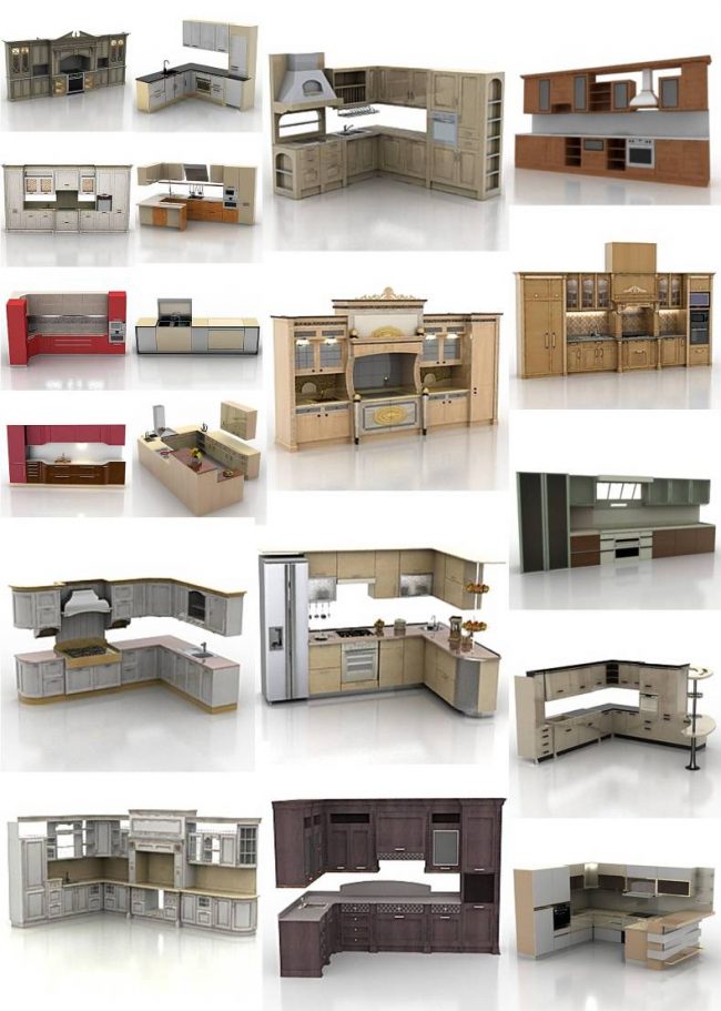 Друг пример за библиотека от триизмерни модели кухненски комплекти. За някои от тях е възможно да се променят цветовете и материалите на фасадите на други.