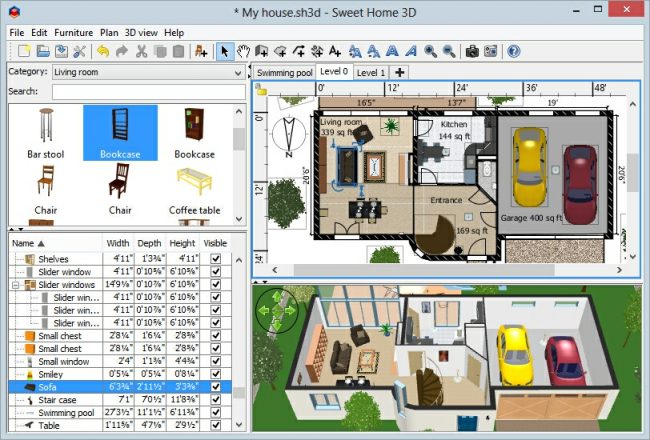 Етажен план на частна къща с гараж и тераса, съставен в безплатния софтуер Sweet Home 3D от eTeks